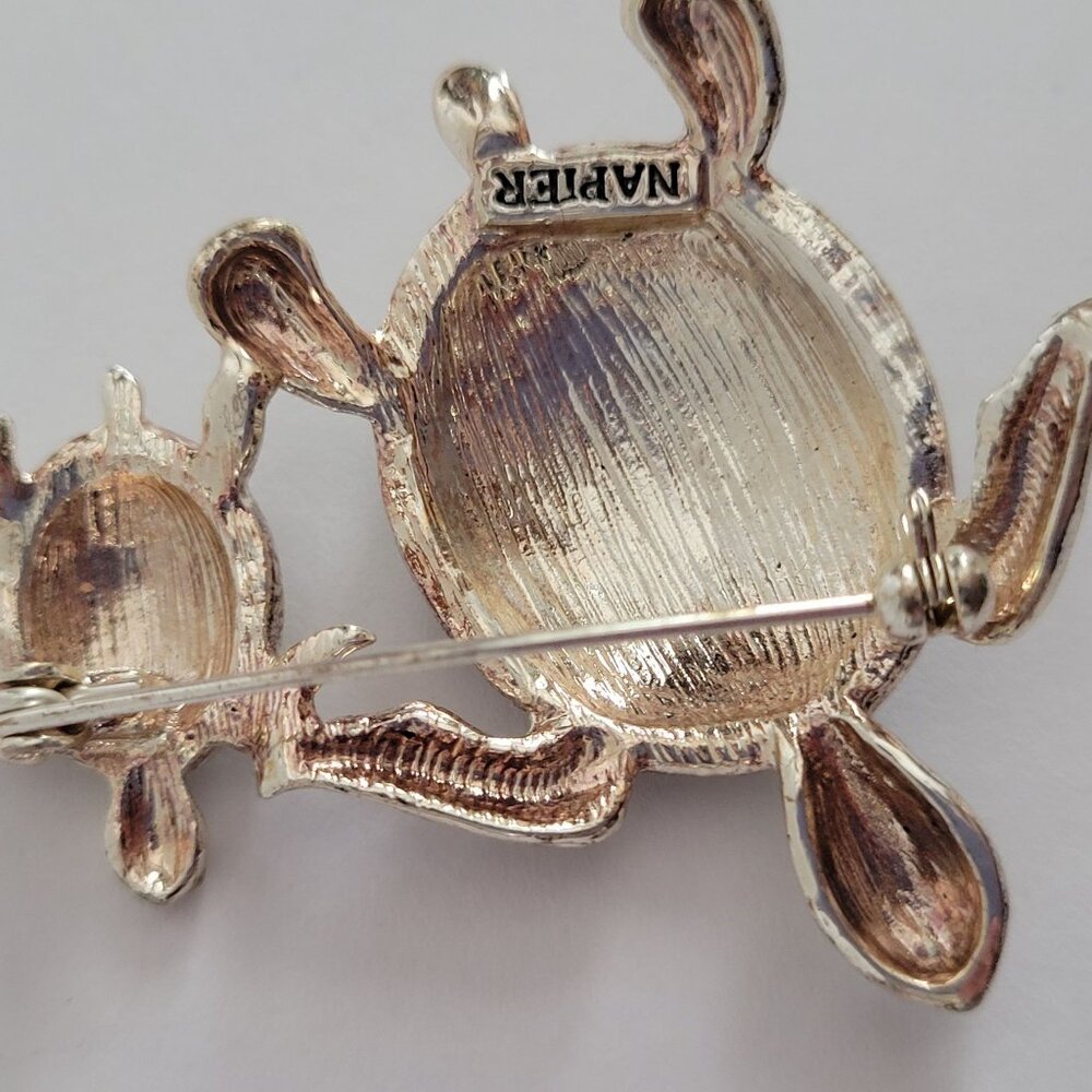 Turtle Brooch Pin With Abalone Shell & Rhinestone… - image 2